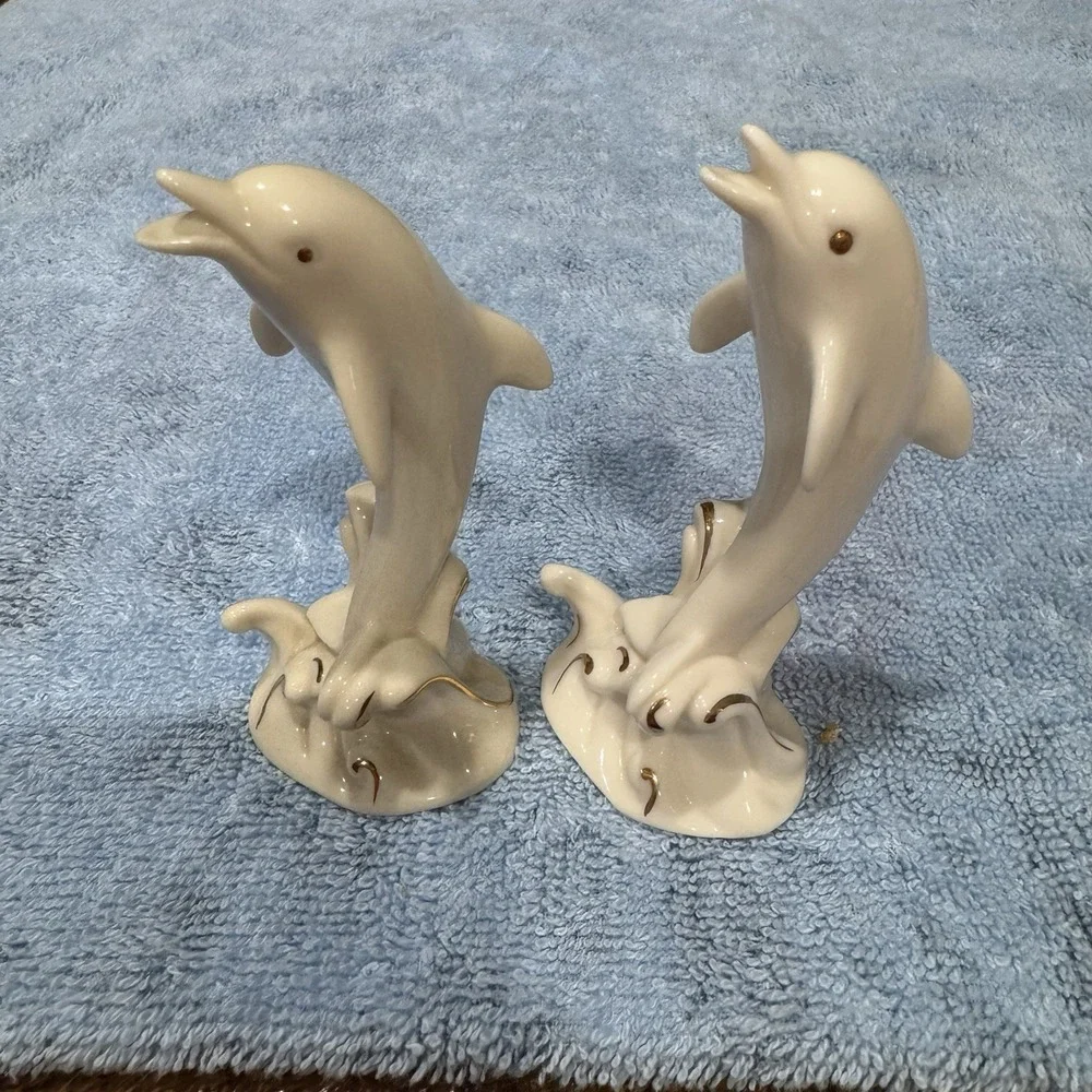 Pair Of Lenox Leaping Dolphin Figurine Ivory Porcelain 24K Gold Accents 4